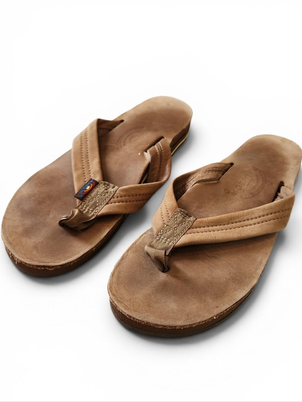 Rainbow Tan Leather Flip Flop Sandals Size Medium 8.5-9.5 10.75" Sole In Length